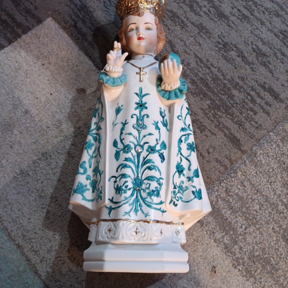 Decorative Religious Figurine with Gold and Teal Accents